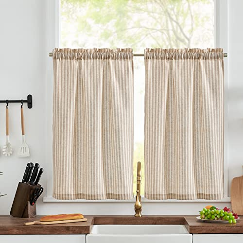 Vangao Randiga fönstergardiner boho bistrogardin set om 2 65 B x 60 H cm brun | Linneutseende skivgardiner randiga ljusgenomsläppliga med stångfördjupning, gardin kort för kök vardagsrum små fönster