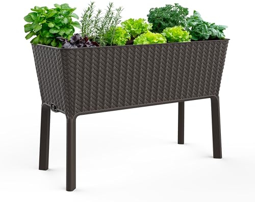 Keter Splendor 31.7 Gallon Raised Garden Bed with Self Watering Planter Box and Drainage Plug-Perfect for Growing Fresh Vegetables, Flowers and Herbs, Brown