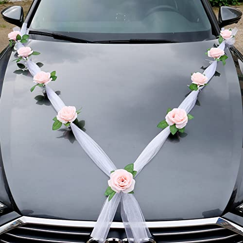 Bilsmycken bröllop brud par ros dekoration bil smycken bil bröllop krans bildekoration bröllopsdekoration bil blomma smycken bröllopssmycken bröllop bil dekoration för bröllop fest, champagne rosa
