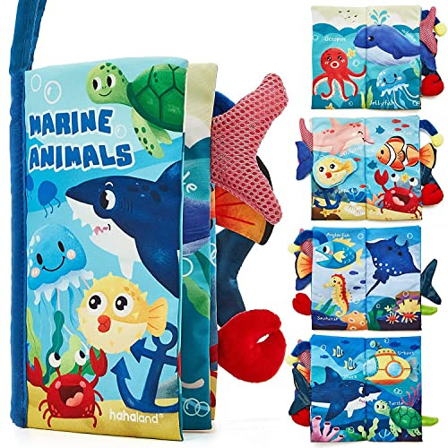 hahaland Livre Tissu Bébé Eveil 0 3 6 Mois Jouet Suspendre pour Bébé 1 an Livre Doux Froissé avec des Animaux de Mer Cadeau de Naissance pour Tout-Petit Garçon Fille