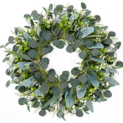 SOMYTING Ghirlanda artificiale di eucalipto, 55 cm, corona rotonda per porta di casa, ghirlande da parete, ghirlanda estiva per matrimonio, decorazione della casa