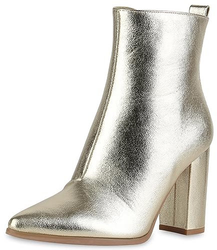 VAN HILL Damen Klassische Stiefeletten Blockabsatz Basic Trendy Schuhe 840337 213281 Gold 38
