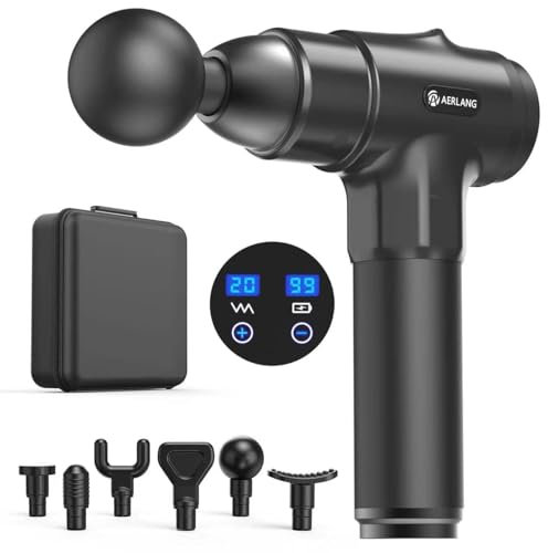 AERLANG Pistola de Masaje Muscular Eléctrica, con 6 Cabezales Intercambiables y 20 Niveles de Velocidad, Masajeador de Músculos Profundo – Regalo para Hombres y Mujeres