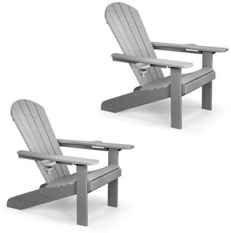 VonHaus Grey Adirondack Chair Set of 2 - Reclining Slatted Style Garden Chair with Cup & Phone Holders - Durable Weather Resistant HDPE Plastic Outdoor Armchair for Patio & Decking - Westport