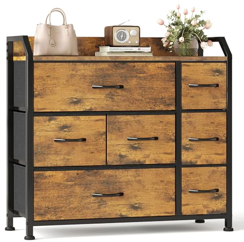 CAIYUN Kommode mit 7 Schubladen, Flur Schrank, Kommoden & Sideboards, Vintage Aufbewahrungsschrank für Schlafzimmer, Closet Schubladenschrank aus Stoff & Holz Top, Wohnzimmer Möbel - Rustikales Braun