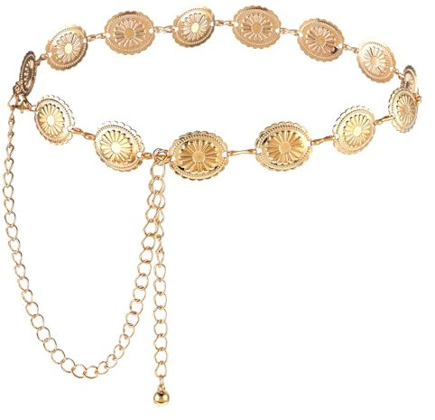 JIEYAO Western Metall Concho Gürtel, Ausgehöhlter Gänseblümchen Kettengürtel Verstellbare Cowgirl Kettengürtel für Damen Boho Taillenkette für Country Konzert Kleid (Gold)