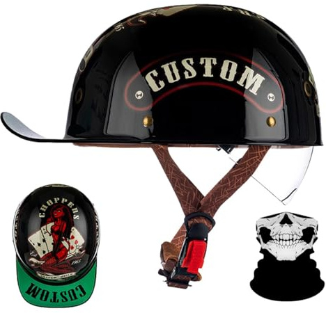 RQTEUYE Retro Halbschalenhelm mit ECE-Zulassung,Vintage Motorradhelm Baseball Cap mit Versenkbare Sonnenblende und Schnellverschluss,Cruiser Chopper Scooter Jethelm Herren Damen Helm M-XXL