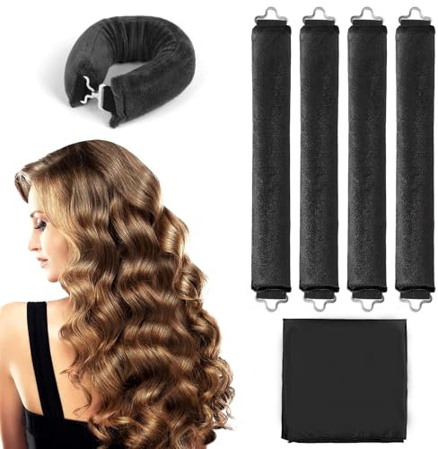 GROFIS 5 Stück Hitzefreie Lockenwickler, Lockenwickler Über Nacht mit Haken, Heatless Curls Band, Overnight Blowout Locken Ohne Hitze für Lange Medoum und Kurze Haare, Schwarz