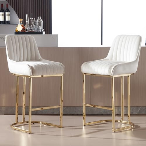 Ya-Home Barhocker 2er Set Barstuhl aus Samt tresenhocker mit goldenem metallbein gepolstert bistrohocker mit Rückenlehne Thekenhocker ohne armlehne für Kücheninsel/Hausbar, Weiß