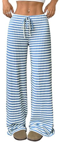 Akiooue Ladies Wide Leg Trousers, Straight Leg Joggers Womens Lounge Pants Women Holiday Striped Loose Fit Pants Walking Trousers Blue and White