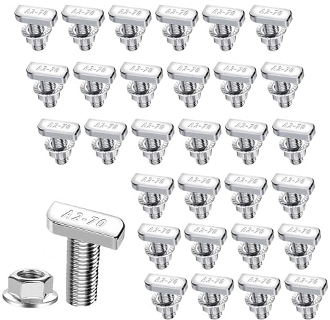 Set di 30 viti a testa martello, M10 x 25 mm, con dadi di bloccaggio in acciaio inox A2-70, dadi flangiati a T M10 per scanalatura a T, guide profilate