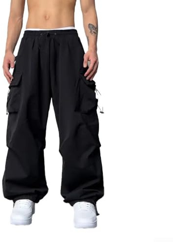 Vintage Y2K - Pantalones deportivos de pierna ancha para hombre, estilo hip hop, pantalones casuales holgados con diseño de paracaídas para trajes de moda (L, negro)