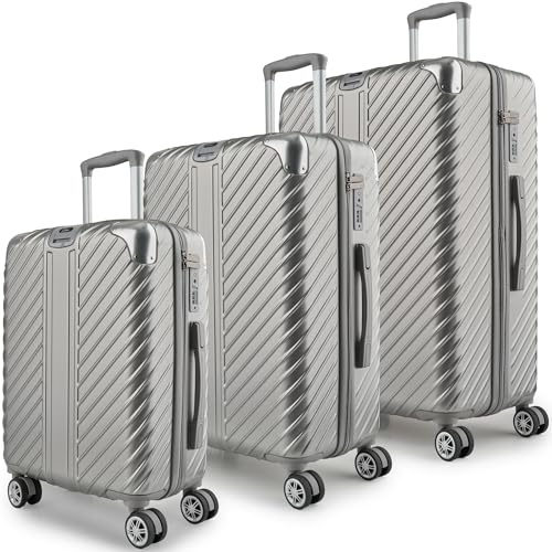LETTOO 3-Set Gesamtvolumen 240L, Reisekoffer mit Rollen - Extrem Stabiler Trolley Koffer mit Laptoptaschen-Befestigung und Eckschutz (Silber, 3-Set=20 Zoll Handgepäckkoffer,24 Zoll,28 Zoll)