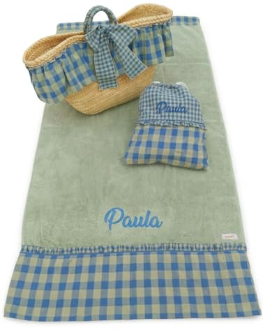 Capazo Mimbre, Toalla de Playa, Bolsa bañadores Personalizado para niña - Conjunto piscina infantil con nombre - 3 piezas (Paula Cuadros empolvados/Verde empolvado)