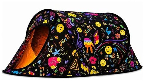 2 PERSON POP UP FESTIVAL TENT, WATERPROOF CAMPING, TWO FUNKY DESIGNS PLUS FESTII TENT FINDER REMOTE LED LIGHT.
