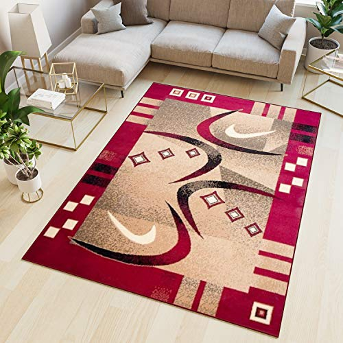 TAPISO Atlas Teppich Kurzflor Vierecke Streifen Bumerang Rot Beige Schwarz Bordüre Schlafzimmmer Wohnzimmer Vintage Modern ÖKOTEX 300 x 400 cm