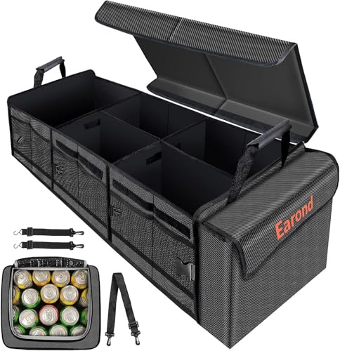 EAROND Large Trunk Organizer with Portable Leakproof Cooler Bag,Foldable Cover,Adjustable Securing Straps,Collapsible Trunk Organizer for Suv Car Truck Sedan (4-in-1 with Cooler)