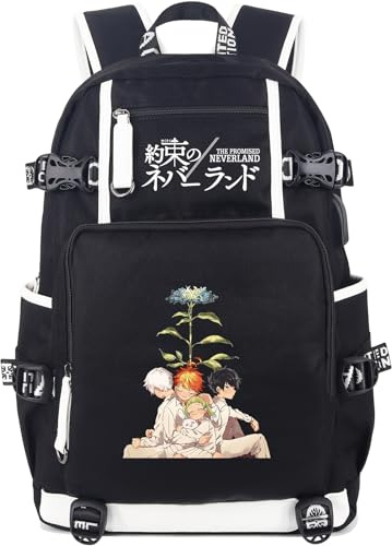 Roffatide Anime The Promised Neverland Rucksack Gedruckte Cosplay Backpack Schulbuchtasche mit USB-Ladeanschluss und Kopfhöreranschluss