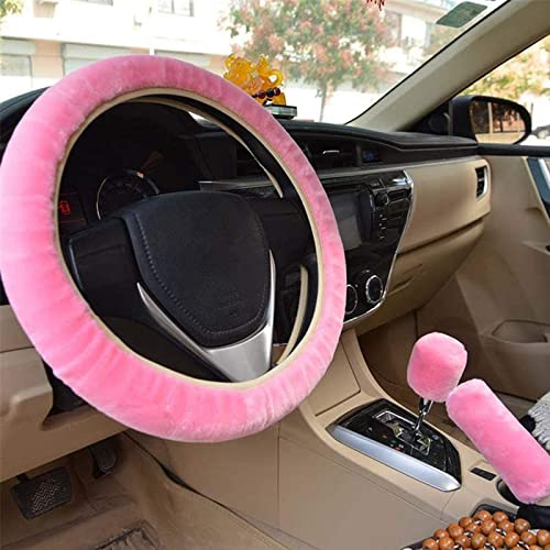 3 coprivolante in peluche, coprivolante invernale, antiscivolo, caldo, in peluche telescopico, freno a mano, per accessori auto, 38 cm (rosa)