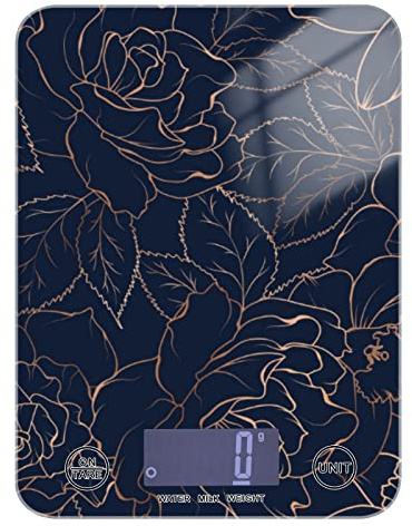 Copper-gold Shiny Outline Rose Peony Flowers Leaves on Dark Navy Blue Tempered Glass Kitchen Scales, Digital Weight Grams and Oz Food Scales for Cooking Baking Meal Prep Home Weight Loss Health Diet