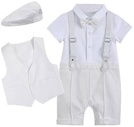 Bebé Niño Caballeros Mameluco Trajes Bebé Ropa de Bautizo Vestidos Boda Monos Pajarita Chaleco con Sombrero Cumpleaños Trajes Blanco 3-6 Meses