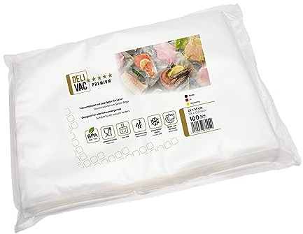 DeliVac Vakuumierbeutel 25x35 – 100 Stück, geprägte Vakuumbeutel für alle Vakuumierer, BPA-frei, lebensmittelecht, ideal für Sous-Vide, Gefrierschrank & Lebensmittelaufbewahrung