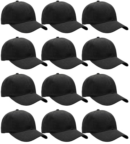 Wholesale Bulk Lot 12-Pack Baseball Cap Adjustable Size Plain Blank Solid Color (12-Pack Black)