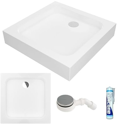 ECOLAM Receveur de douche carré Tim 90x90 x 15 cm | profondeur 5 cm | siphon et silicone | Receveur de douche blanc | acrylique sanitaire