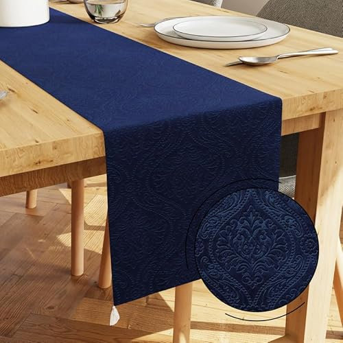 Encasa XO Caminero de Mesa | Terciopelo Grabado | Tamaño 32x150 cm | Color Azul Marino con Poliéster de Primera Calidad - Lavable a Máquina