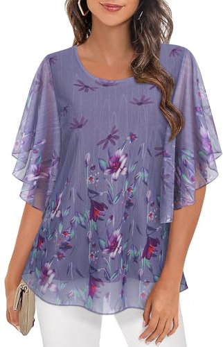 Syphiby Womens Ruffle Flowy Blouse Tunic Tops 3/4 Sleeve Chiffon Blouse Ladies Long Tops Ladies Blouses Size 14 Ladies Long Length Tops Half Sleeve Tops Women Ladies Floral Printed Dressy Tops
