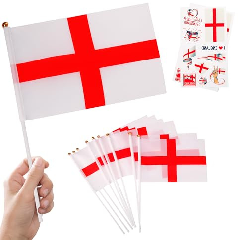 10 x England handflagga miniflagga på pinne 2 tatueringar party dekoration