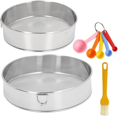 2PCS Stainless Steel Flour Sifter (6-8 Inch) + 5PCS Tablespoon Measuring Spoon + 1PCS Cleaning Brush, 60 Mesh Fine Mesh Filter Round Sieve, Hand-Operated Baking Flour Strainer for Household Use