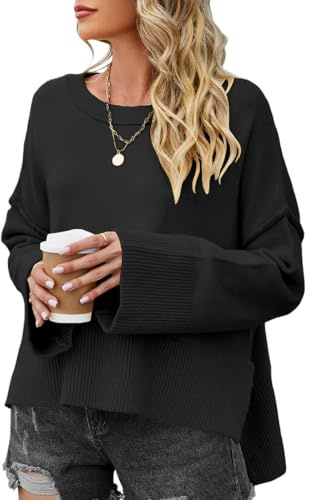 PANOZON Jersey Punto Mujer Invierno Suéteres Otoño 2024 Oversized Jumper con Cuello Redondo Mangas Acampanadas Tops Costura Suéter(Negro,M)