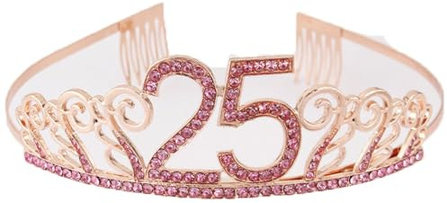 CHUYIX Födelsedagskrona roséguld, 25 siffror, Happy Birthday-krona med kam strass, kristallkrona, hårband med siffror födelsedag, tiara, födelsedag, krona för födelsedag, fest, favorittillbehör