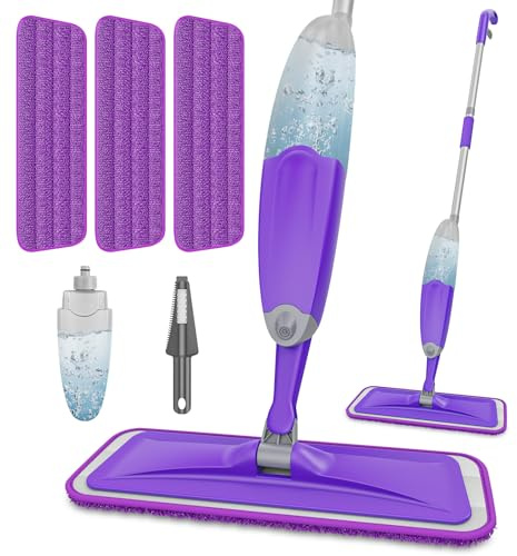 HOMTOYOU Spray Mops for Floor Cleaning: Wet Mop for Hardwood Tile Wood Laminate Vinyl - 3 Washable Microfiber Pads for Swiffer Powermop - Absorbs Pet Hair Dust