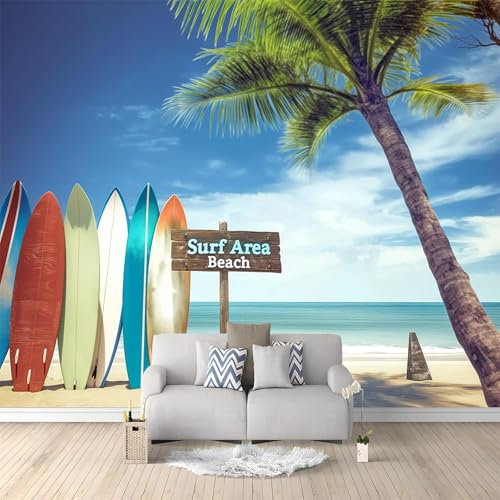WHUOEUCO Papel Pintado Pared 3D Tabla De Surf De Playa Árbol De Coco 300x210 cm Papel Tapiz Fotomurale 3D Dormitorio Salón Tv Fondo Pared Decora Murales Moderno
