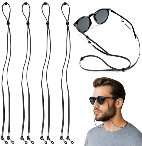 AHRLIC 4 Pcs Adjustable Glasses Strap, Unisex Spectacles Cord for Sports, Flexible Leather Eye Glasses Strap for Sports, Fitness, Fishing, Running, Cycling, Reusable Glasses String, Black