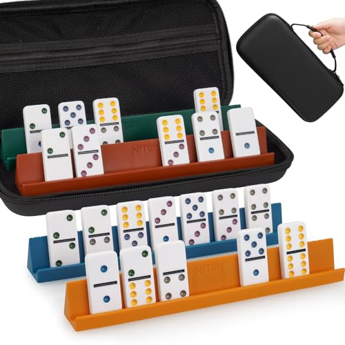 NiToy Double 6 Dominos Set for Adults with 28 Tiles 2x1x0.28 Inches & 4 Silicone Domino Racks 10x1.18x1.18 Inches, Classic Board Games with Portable Case for Family Game Nights & Travel