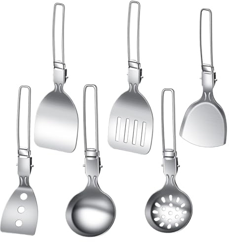 Lot de 6 ustensiles de cuisine de camping portables | Ustensiles de cuisine avec sac de rangement pour braiser, griller, barbecue, voyage en plein air