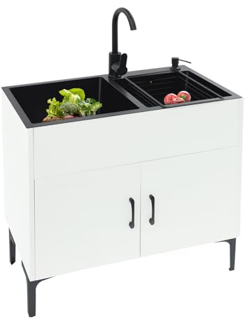 GIDRLL Freistehende Küchenspüle mit Unterschrank und Armatur, Edelstahl Spültisch mit 2 Becken, Abtropffläche und Abflusseinheit, für Küche, Garten, Werkstatt, Waschküche, Camping (Weiß)
