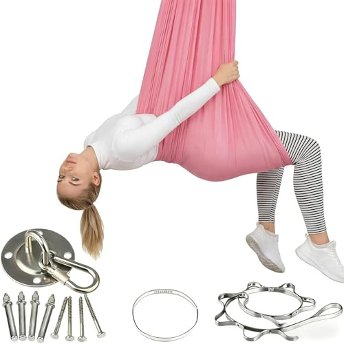Yogagunga att hänga• Max bärförmåga 150 kg • Tillbehör ingår, perfekt mot ångest och för ökad avslappning samt välbefinnande (280 x 150 cm)-(Rosa)