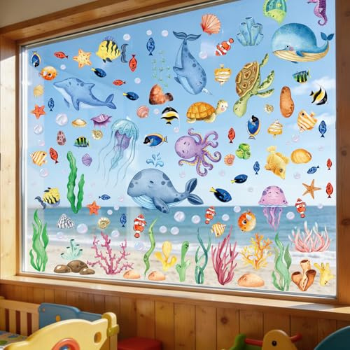 Simpeak Pegatina de Ventana, 134 Piezas Pegatina de PVC para Ventana de Animales Marinos, Anticolisión Reutilizable Pegatinas para Baños Infantiles y Habitaciones Oceánicas