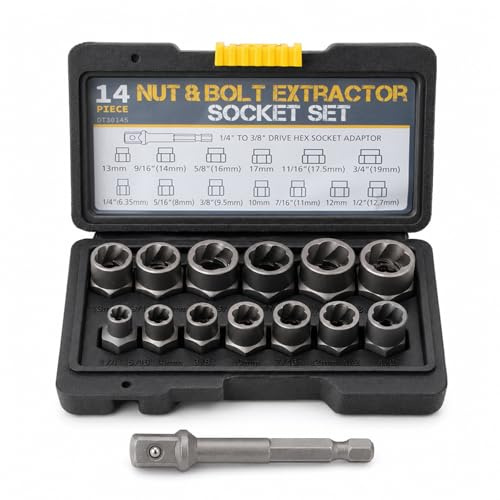 14 PCS Bolt Extractor Set, Locking Wheel Nut Removal Tool | Impact Bolt & Lug Nut Remover Kit, Rounded Bolts Remover for Damaged, Rusted, Frozen Studs, Rounded-Off Bolts, Nuts & Screws