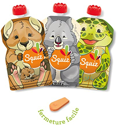 Lot de 3 Gourdes Réutilisables 130ml | Collection Australie | Pour Bébé, Enfant et Adulte | Compotes, Purées, et Smoothies | Étanches, Durables et Écologiques | Fabriquées en Suisse et France | Squiz