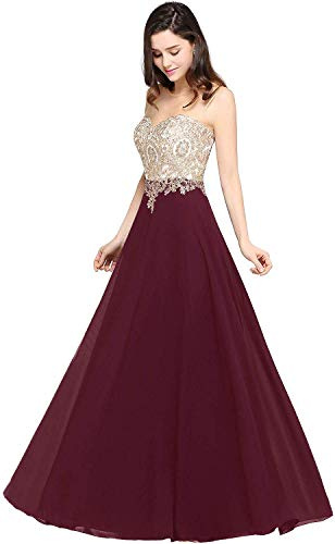 Misshow Robe de Soirée Demoiselle d'honneur Longue Maxi avec Appliques en Mousseline Evasée pour Cocktail Mariage Bordeaux 38