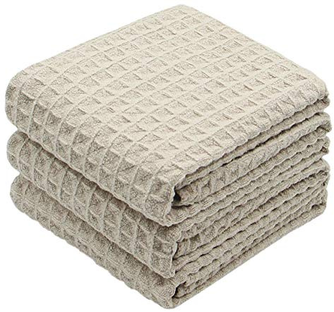 VeraSong Waffle Weave Absorbent Kitchen Dish Towels - Thick Microfiber 16Inch x 24Inch 3 Pack Khaki