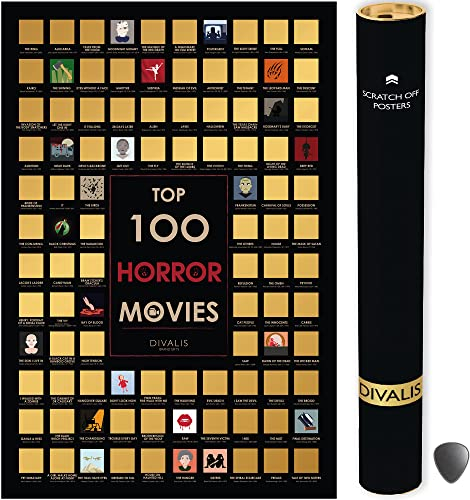 Divalis Top 100 Horror Movies Scratch off Poster - Large Cinema Scratchable Poster - Horrors of all Time Bucket List - Must See Movie Challenge - Films to Watch