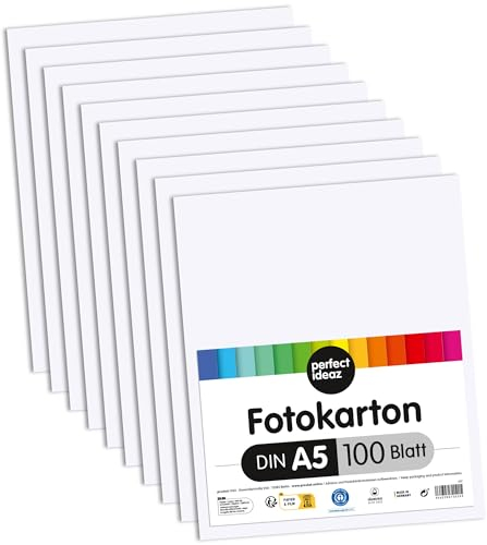 perfect ideaz • 100 Blatt Fotokarton DIN-A5, Weiß, stabiler recycling Karton 300 g/m², Made in Germany, Blauer Engel zertifiziert