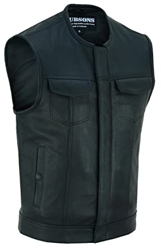 RUBSONS Men's Leather Collarless Club Style Biker Vest (as4, alpha, l, x_l, regular, regular)