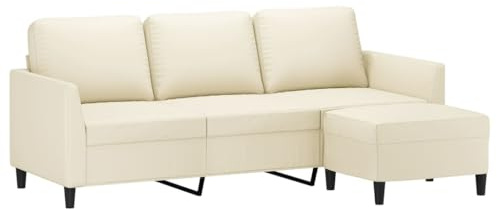 vidaXL Sofá de 3 Plazas con Taburete, Asiento con Respaldo Reposabrazos, Sillón de Relax Televisión, Sofá para Salón, Cuero Sintético Crema
